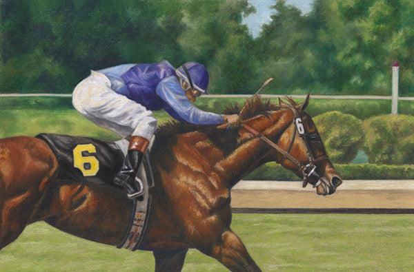 “Alone In Front,” original horse racing oil pastel, framed